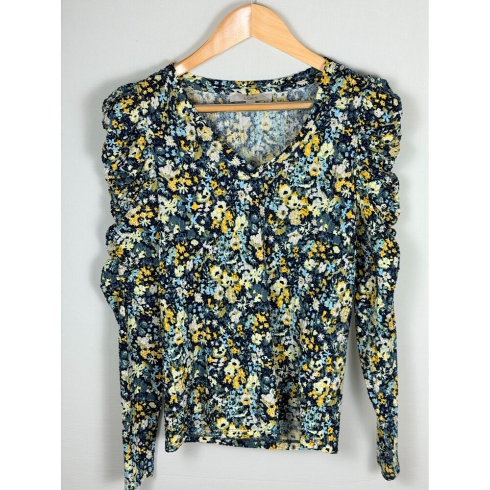 LOFT Floral Ruched Shoulder Top XS Blue Yellow Puff Sleeve Romantic Soft Girl
